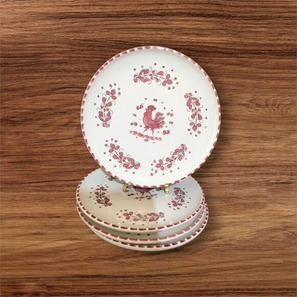 Paul Vogt salad dessert plates 8" Rooster floral design Red Farmhouse set of 4 - Picture 1 of 9